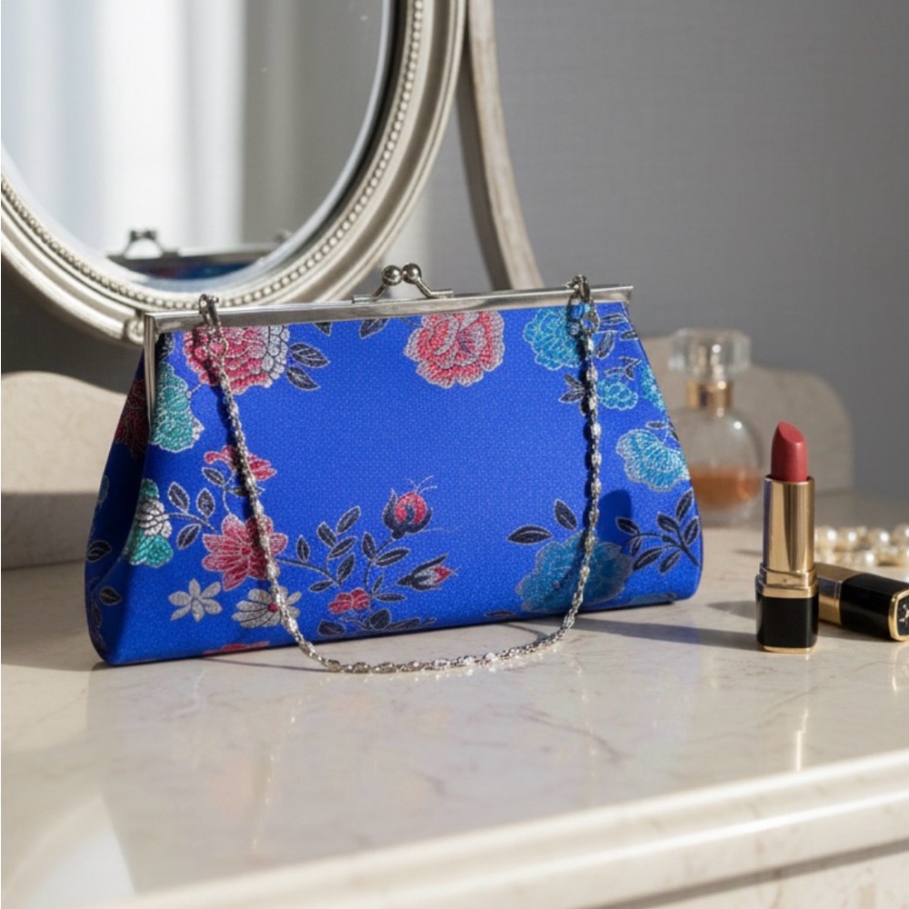 Elegant Blue Floral Embroidered Brocade Clutch Purse silver metal frame, chain